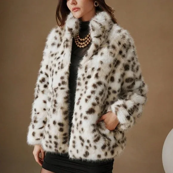 Multicolor Casual Women's Chic Leopard Texture Fluffy Short Jacket